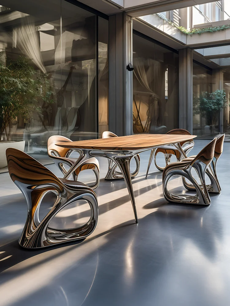 Steel and wood art light luxury dining tables and chairs, art luxury international pavilion furniture