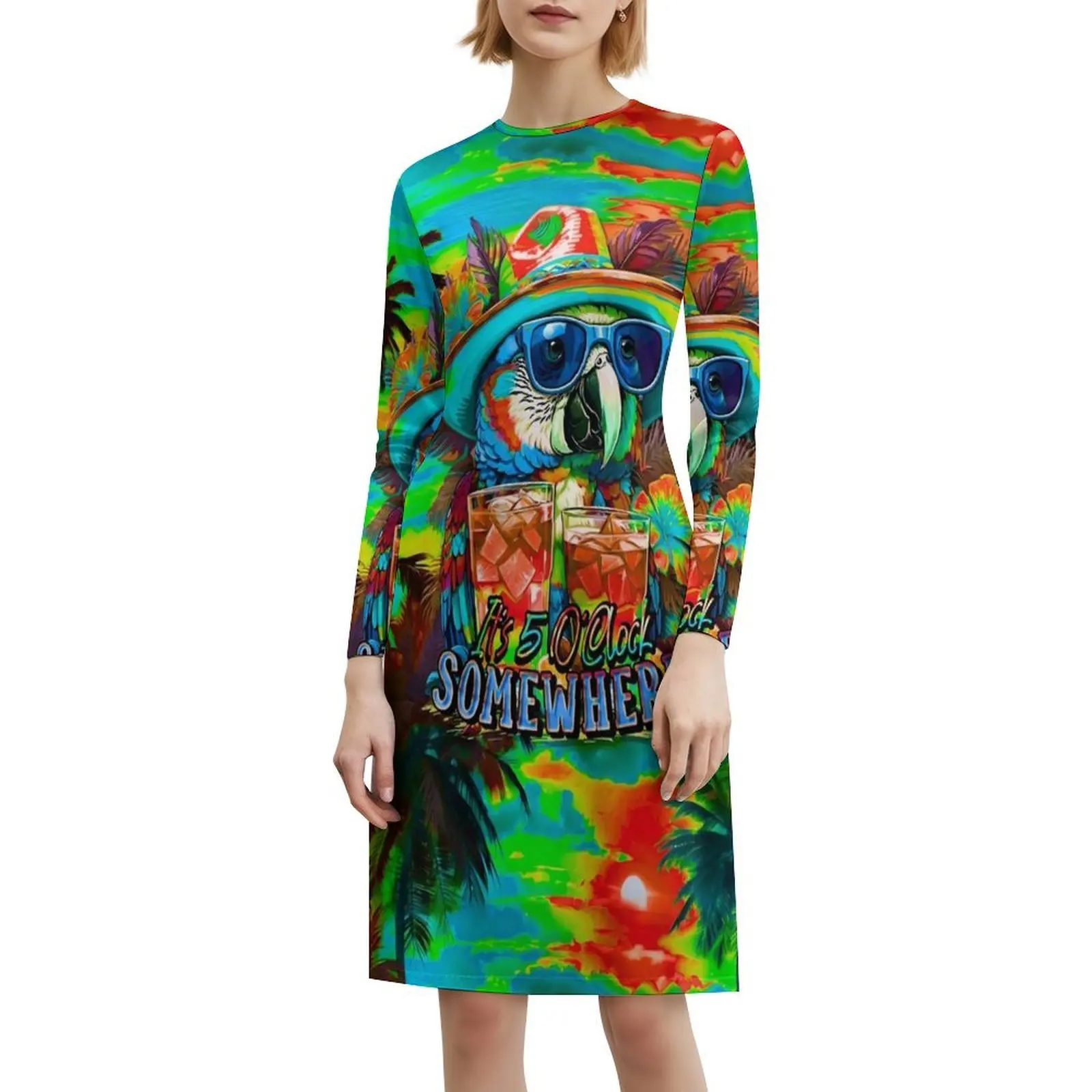 فستان It's 5 O'Clock Somewhere Tropical Parrot Cocktail مثير للإجازات للنساء على الشاطئ وحفلات أعياد الميلاد فستان قصير للشاطئ مضحك #6