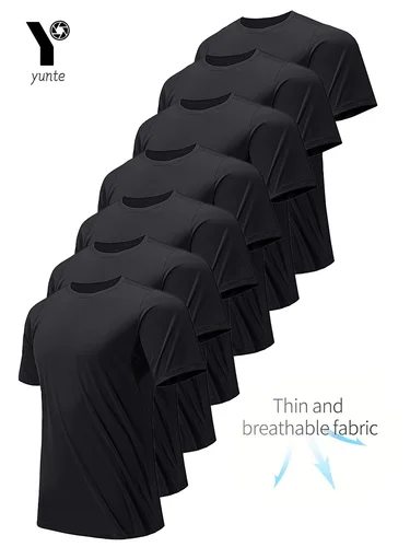 Imagen 1 del producto Camiseta de cuello redondo, camisa negra ultraligera de 7 piezas para hombre, transpirable, de secado rápido, absorbente del sudor, adecuada para gimnasio físico y Ru