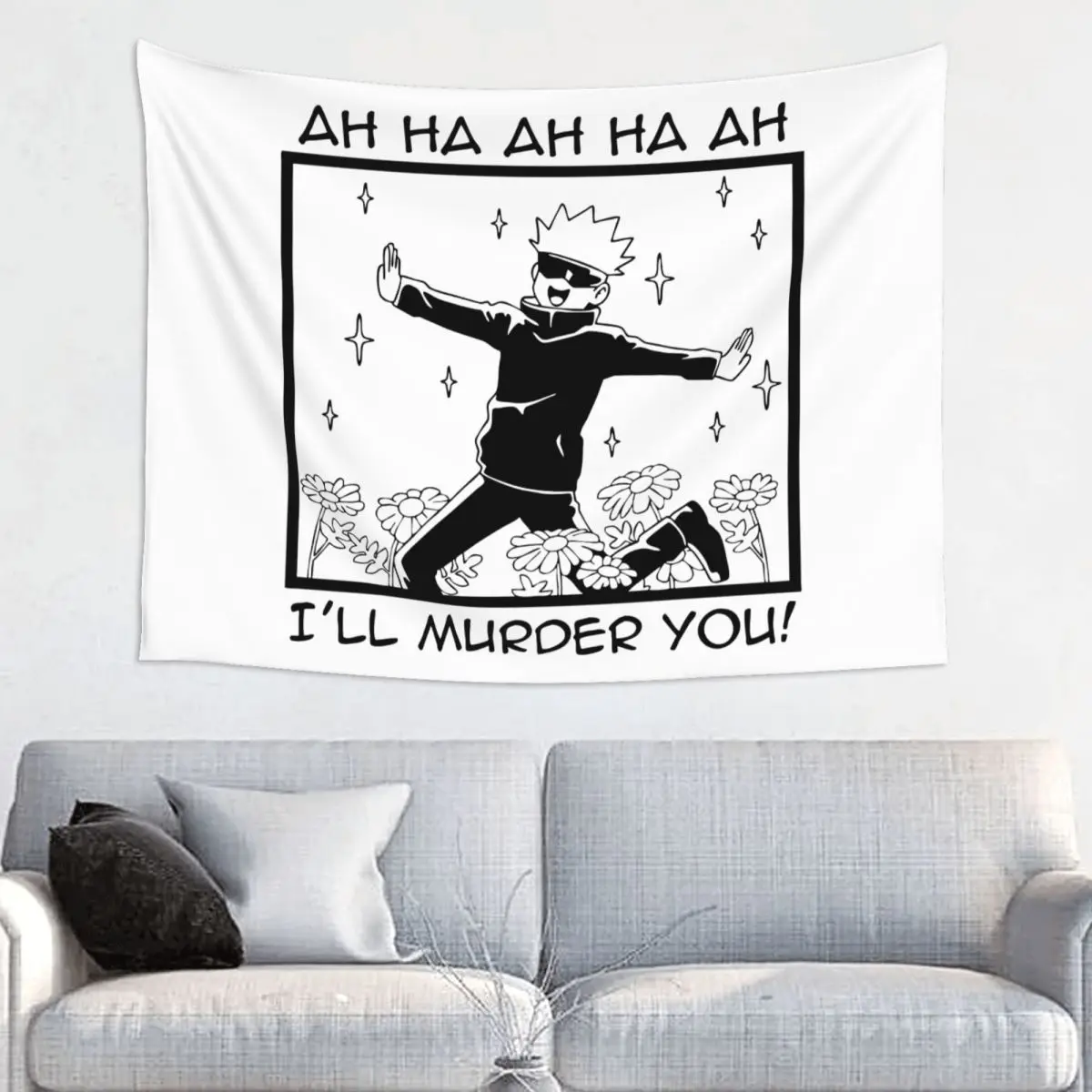 Jujutsu Kaisen Satoru Gojo I'll Murder You Tapestry Hippie Polyester Wall Hanging Room Decor Table Cover Psychedelic Tapestries