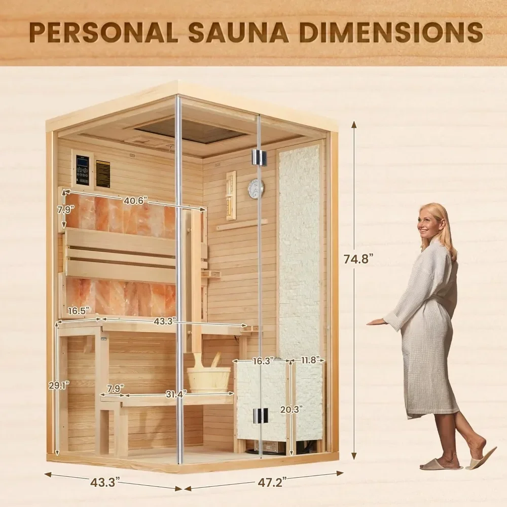 Sauna parowa, 2-osobowa luksusowa sauna wewnętrzna z grzałką o mocy 2300 W, drewniana sauna z 2 himalajskimi cegłami solnymi Saunas