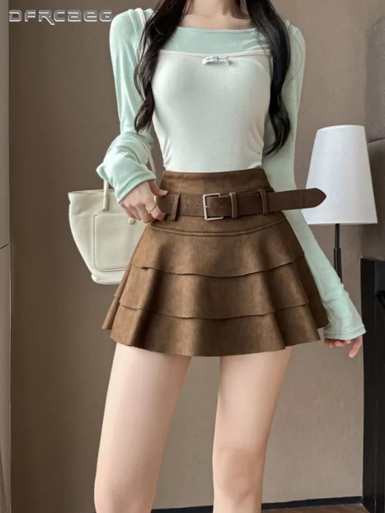

American Retro Ruffle Suede Cake Skirt For Woman Autumn Winter Brown Three Layer Hot Girl Y2k Short Skirt With Belt