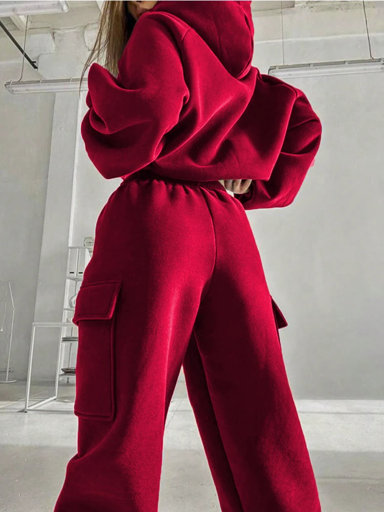 Autunno 2025 set con cappuccio sportivo casual da donna nuovo Felpe con cappuccio tascabili a maniche lunghe tinta unita Pantaloni da lavoro con lacci Set da due pezzi da donna