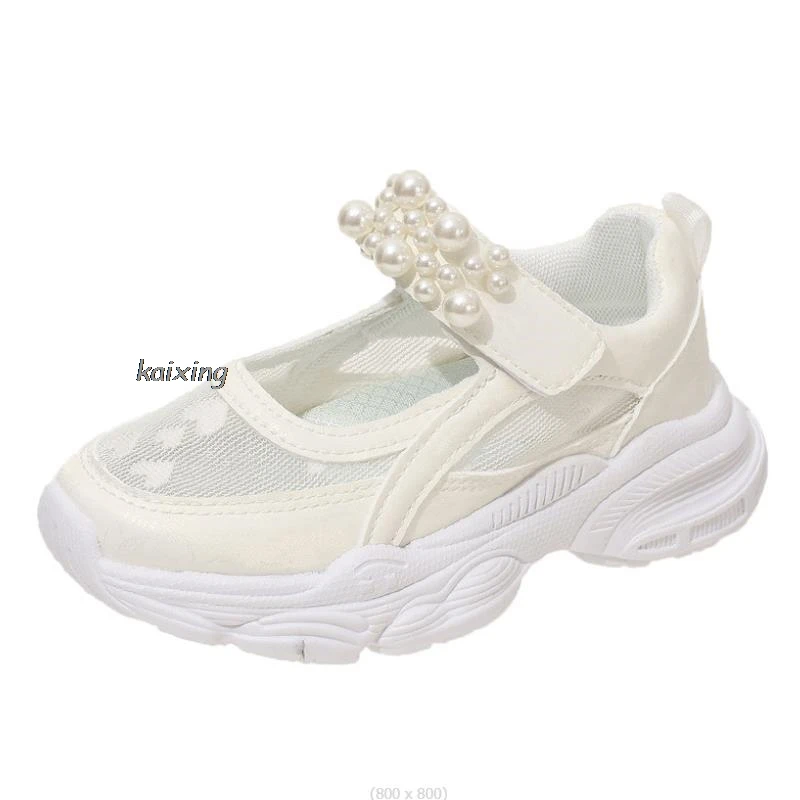 Summer Love Kids Sneakers Fashion White Mesh Sports Shoes For Girls Hollow Out Soft Breathable Beads Children Running Shoes