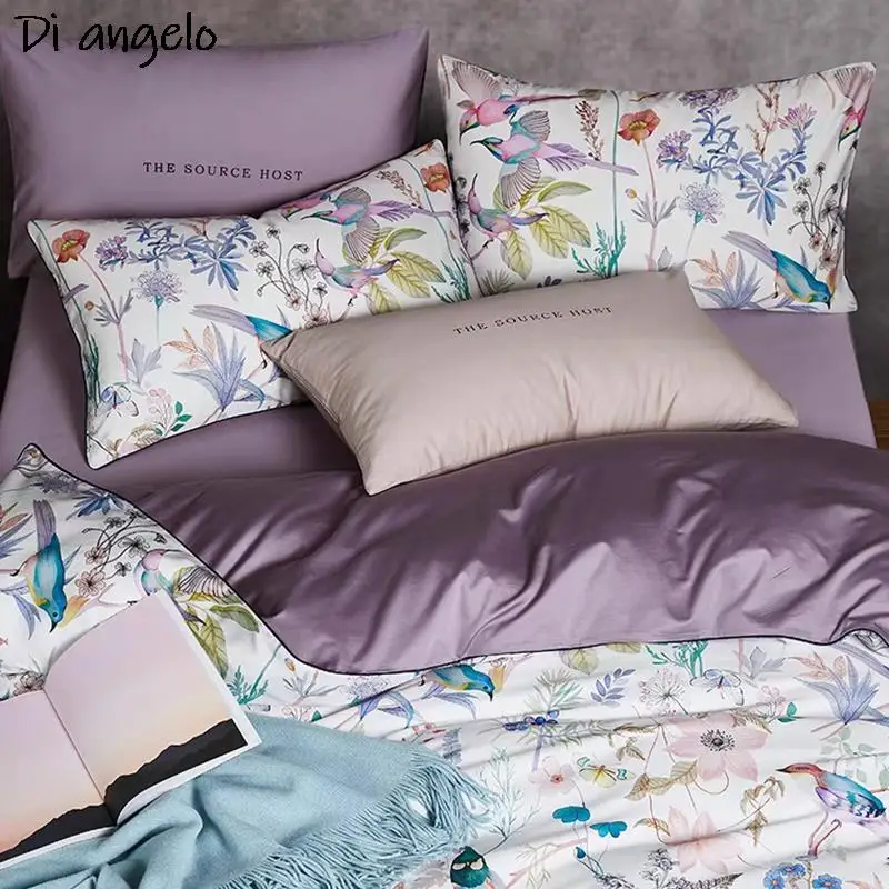 Imagem -03 - Flower Bird Impressão Digital Bedding Sets Roupa de Cama Duvet Cover Lençóis de Luxo e Fronhas 600tc Algodão Egípcio Pcs