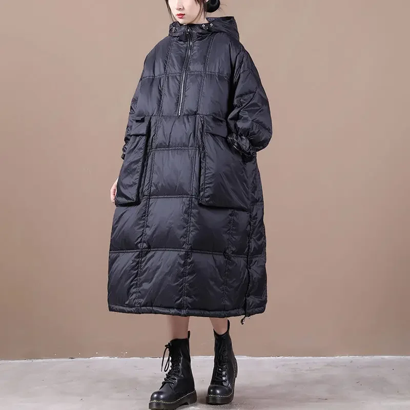 Winter Hooded Padded Jacket Long Parka 2022 Trendy Design Loose Casual Half Zipper Pullover Oversized Down Cotton Coat