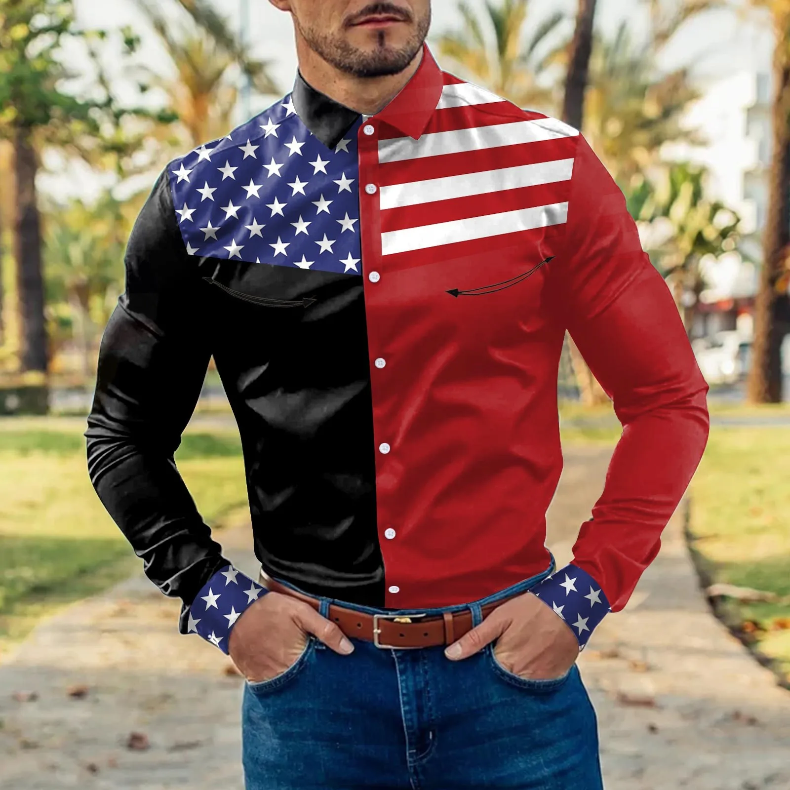 Long Mens Fashion Striped Shirts Man Vintage American Flag 3D Print Casual Color Social Y2k Dress Streetwear Floral Slim Camisa