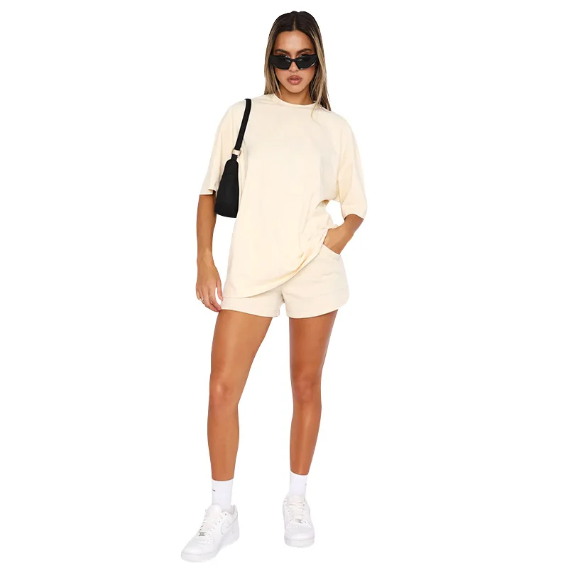 

Women Summer Cotton Solid Round Neck Short Sleeve And Shorts Two Piece Set Fashion Casual Shorts Tracksuits