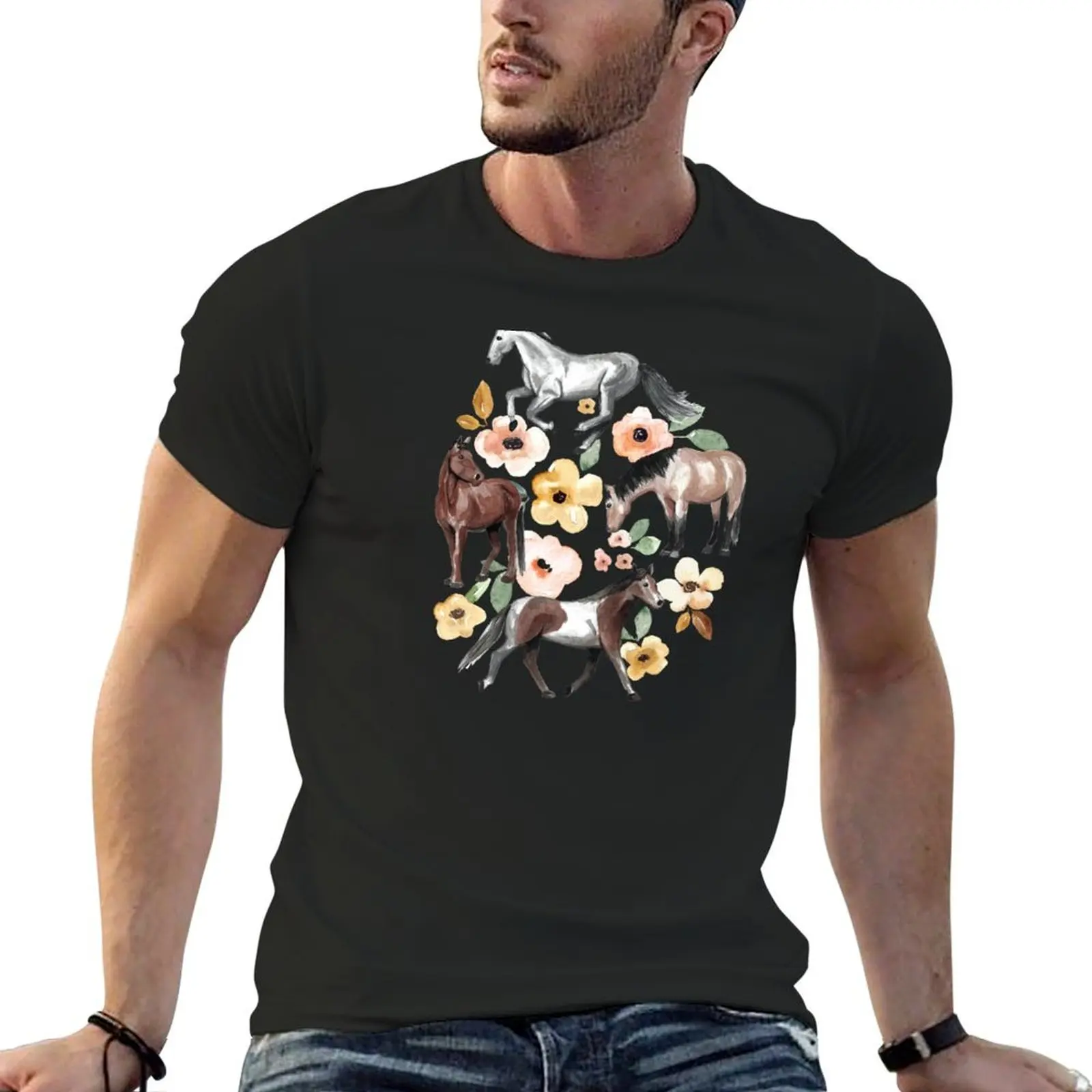 Horses with Yellow and Pink Flowers, Horse Decor, Watercolor Floral T-Shirt oversized t shirt anime mens big and tall t shirts