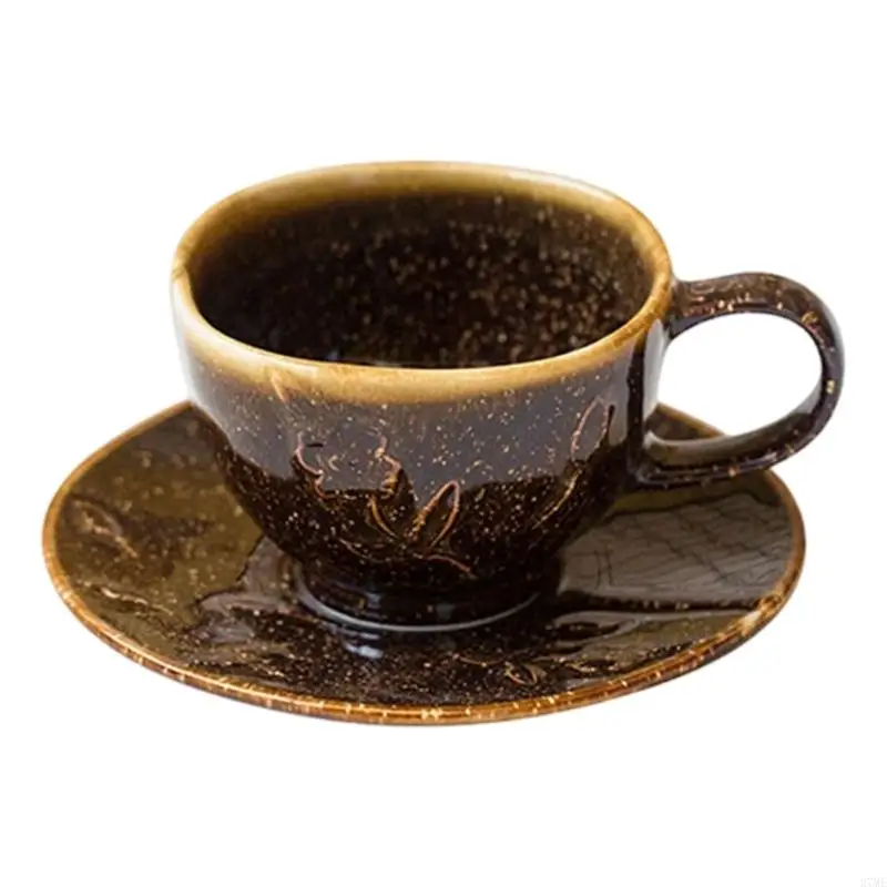 37ME Unique Handmade Ceramic Tea Cup And Saucer Set With Glazed And 3D Florals Embossed Pattern Coffee Mug Birthday Gift