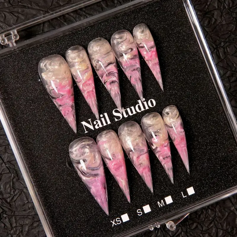 Handmade Pink Gradient Stiletto Press On Nails Swirl Marble Fake Nail Tips Reusable Long Pointed False Nails For Nail Art Salon