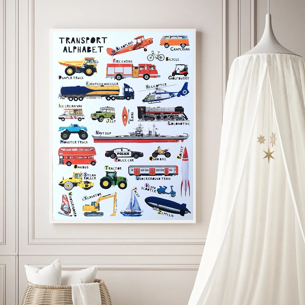 

Nursery Wall Art Canvas Print Transportation Airplane Truck Posters Prints Alphabet ABC Painting Car Pictures Boys Bedroom Decor