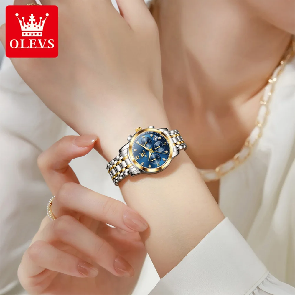 OLEVS Women's Watches 2858L Trend Fashion Original Quartz Watch for Lady Waterproof Luminous Date Stainless Steel Chronograph