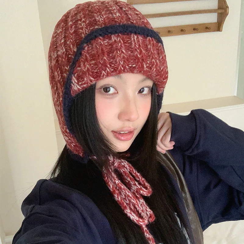 Cute Mixed Color Yarn Knit Earflap Beanies for Women Cuffed Brim with Long Tie String Winter Outdoor Warm Cold Proof Knitted Hat