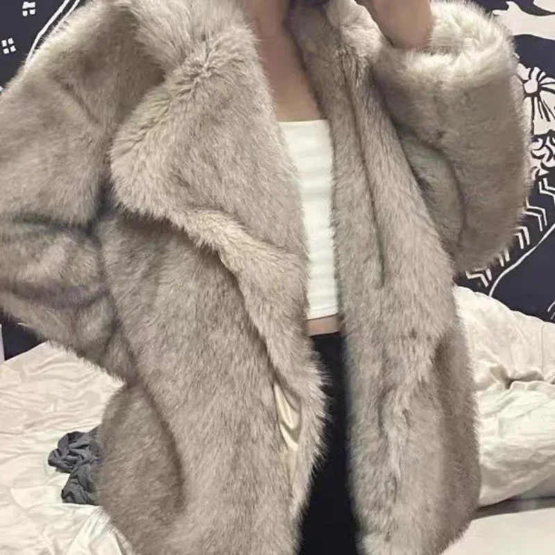 Outono inverno oversized solto casual luxo macio grosso quente peludo falso casaco de pele de raposa feminino manga longa jaqueta fofa 2024