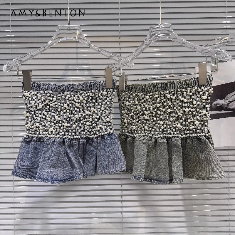 

Summer New Sweet Cool Hot Girl Women's Vest Retro Design Heavy Industry Work Pearl Nail Bead Elastic Skirt Denim Tube Top Ladies