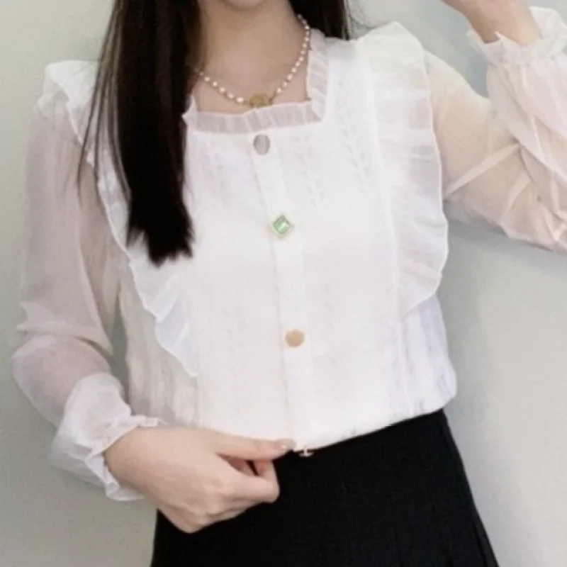 Women Summer Casual Fashion Slim Ruffles Sweet Square Collar Short Sleeve Shirts Women Clothes Casual All-match Appear Thin Tops