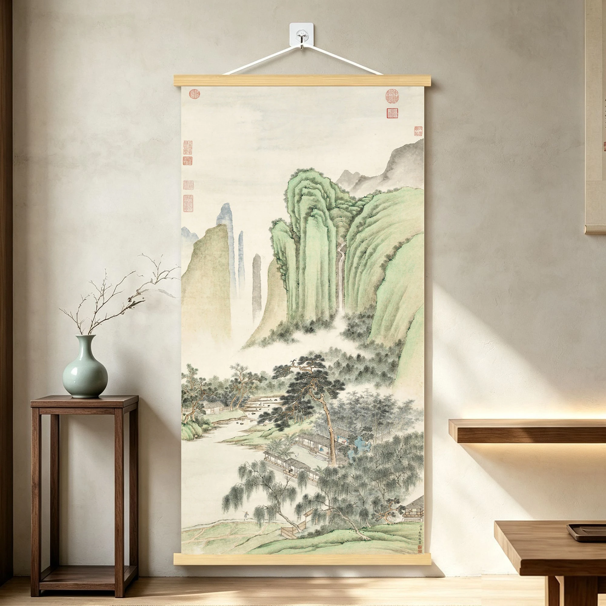 Traditional Chinese light green landscape paintings, hanging paintings, and traditional home decorations