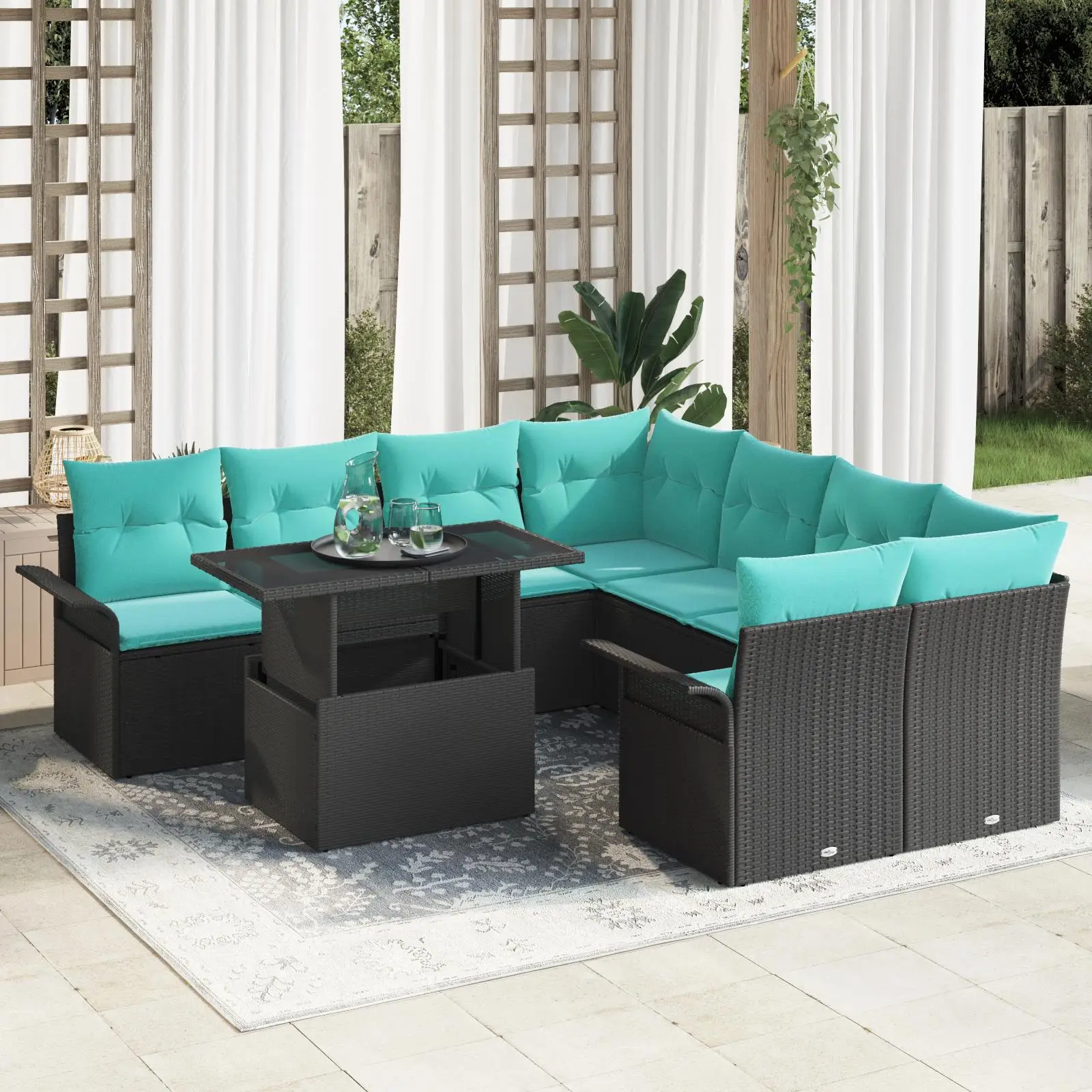 

9 Piece Outdoor Garden Sofa Set with Cushions Black Rattan Furniture Comfortable Seating for Patio Balcony Deck