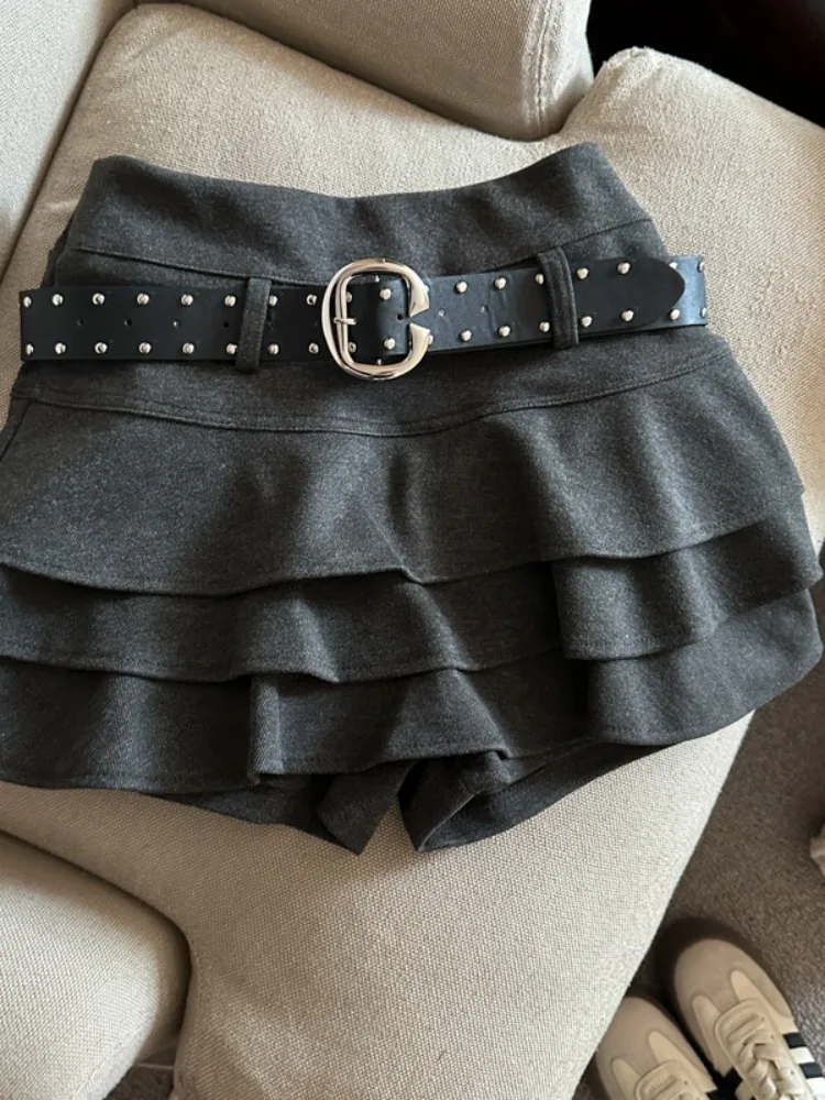 양모 하이웨이스트 케이크 스커트 여성용 가을 겨울 레이어드 레이스 A라인 스커트 안티라이트 스커트 팬츠 벨트 포함