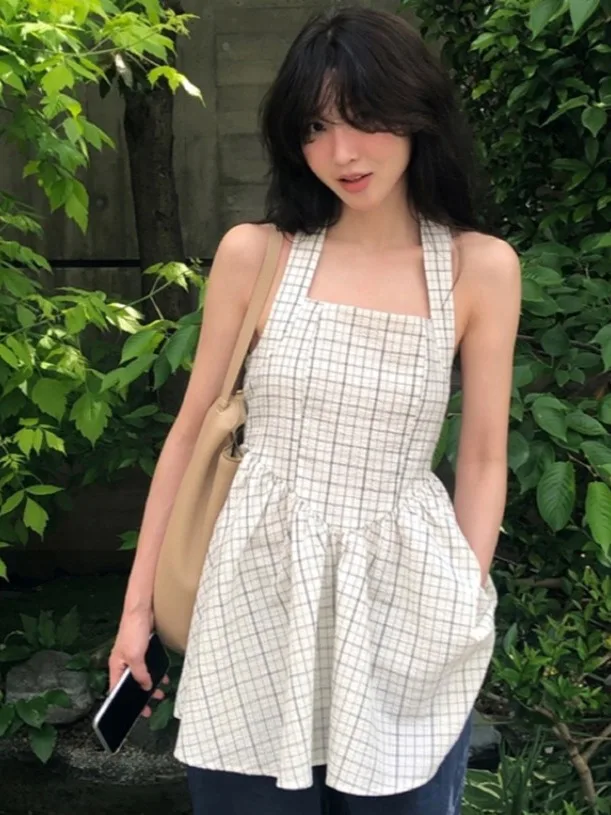 

Vintage Plaid Vest Dr Women's Summer New Sle Age-Defng ort Skirt Ne Hanging Layering Clothing Spring Autumn Winter