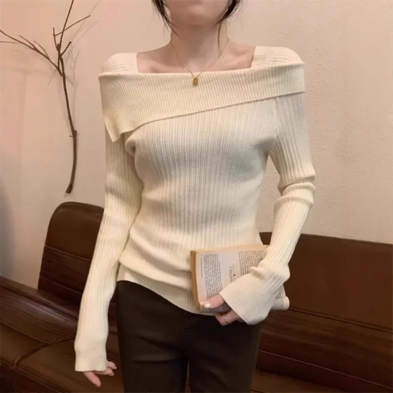 Women Jumpers Office Fashion New Solid Sexy Slim Off Shoulder Slash Neck Long Sleeve Knitting Sweater