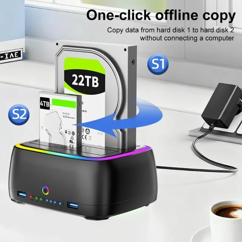 One Click Offline Copy Hard Drive Docking Station USB3.0 5Gbps Dual-bay HDD Enclosure RGB Lights Effect 2.5/3.5 Inch HDD/SSD Box