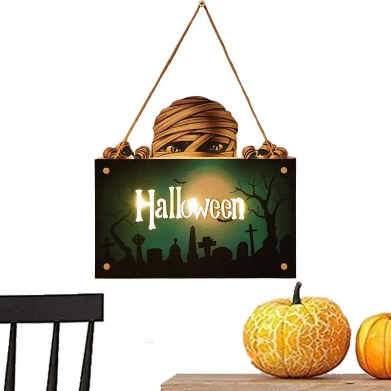 Halloween Wooden Door Sign Happy Halloween Welcome Signs With Led Light Reusable Pumpkin Mummy Ghost Wall Sign Holiday