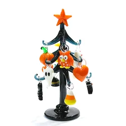 Halloween Decor Cute Glass Tree Figurine Ornaments with Mini Owl Spider Bat Pumpkin Cross Ghost Evil Eye Heart Moon Hat Pendant