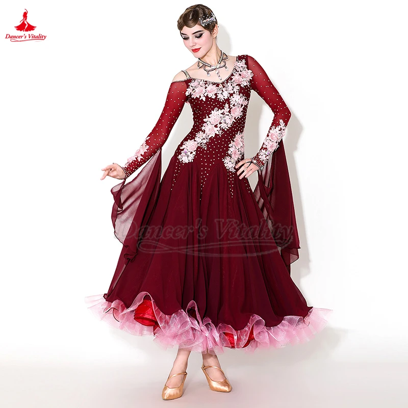 ผู้ใหญ่หญิงสังคมเต้นรํา AB หินแขนยาว Big Swing Waltz Foxtrot Quickstep มาตรฐานห้องบอลรูมการแข่งขันเสื้อผ้า