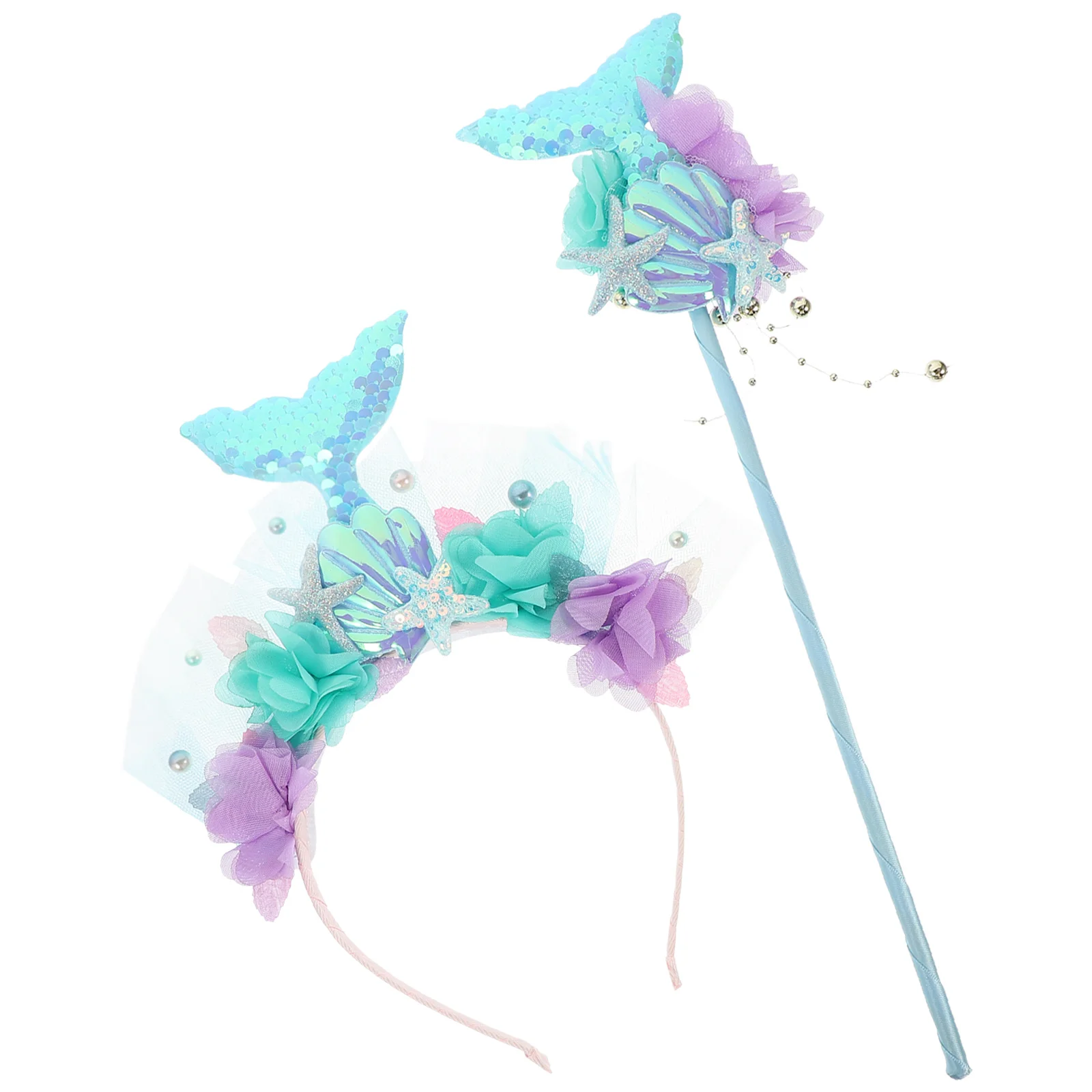 1세트 인어 소품 요정 지팡이와 반짝이는 꼬리 머리띠 생일 파티 코스프레 인어 테마 장식