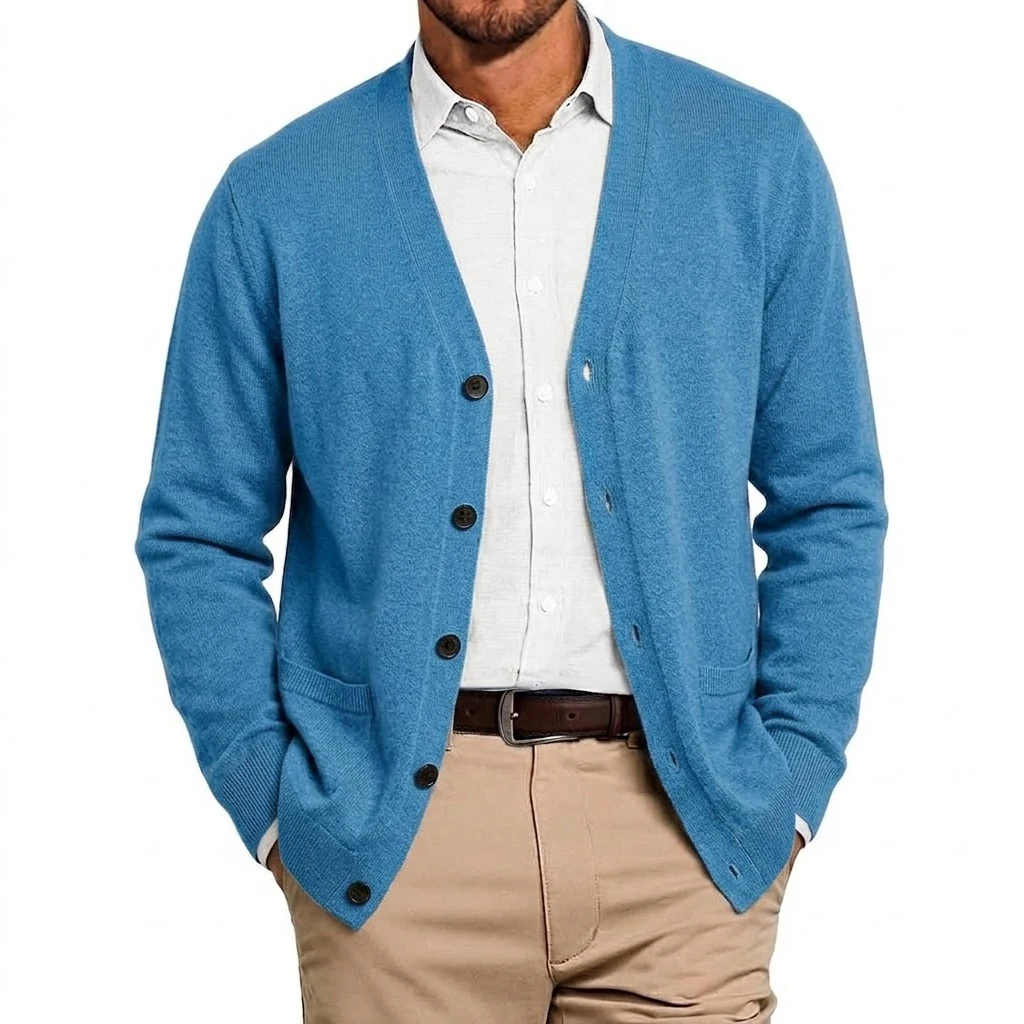 Herbst Herren V-Ausschnitt Strickjacke Pullover mit Knöpfen Langarm Strickpullover mit Taschen Lässiger Mantel Jacke für Männer – Detail 14