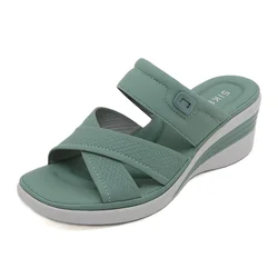 2024 Summer Women 2 Platform 6cm Wedges High Heels Slippers Female Soft Casual Fashion Shoes Lady Green Slip on Outside Slides