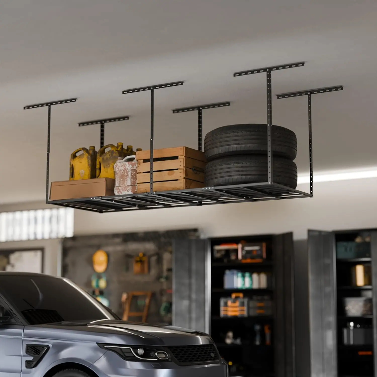 4x8 Garage Storage Overhead Rack Organization, Adjustable Ceiling Mounted Storage Racks, 750LBS Weight Capacity, 22"-40" Ceiling