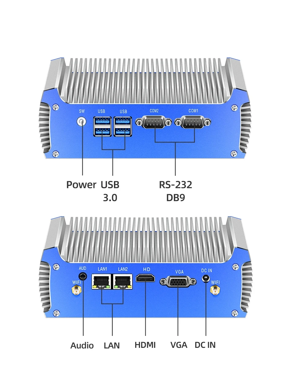 كمبيوتر صغير صناعي بدون مروحة من Helorpc مع Inter Core i7-5500U يدعم WIN10 WIFI مع كمبيوتر 4xUSB3.0 1xHDMI 1xVGA 2xRS232