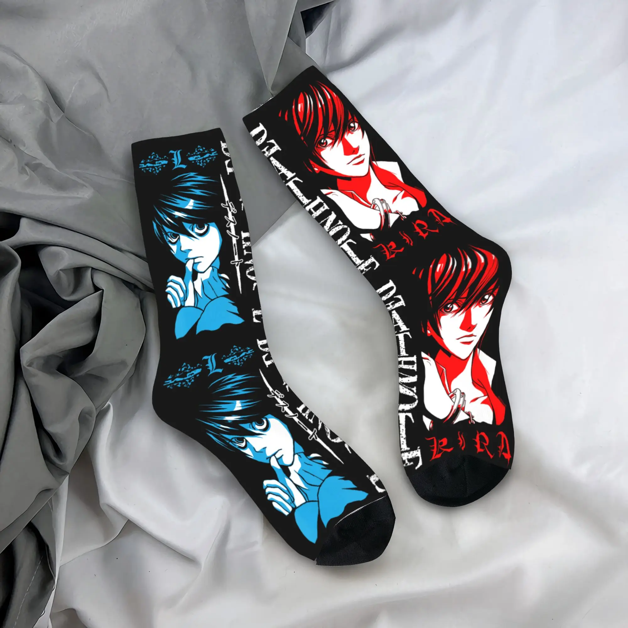 Death Note Blue and Red L vs Light Face Off Anime Socks Men Women's Funny Socks Spring Autumn Winter Middle Tube Stockings Gift
