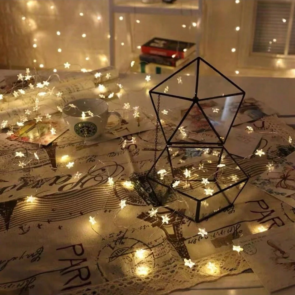 2M 20LED Star Copper Wire Fairy Lights, Battery Powered Warm Glow String Lights, Wedding Party Bedroom Indoor Home Decoration
