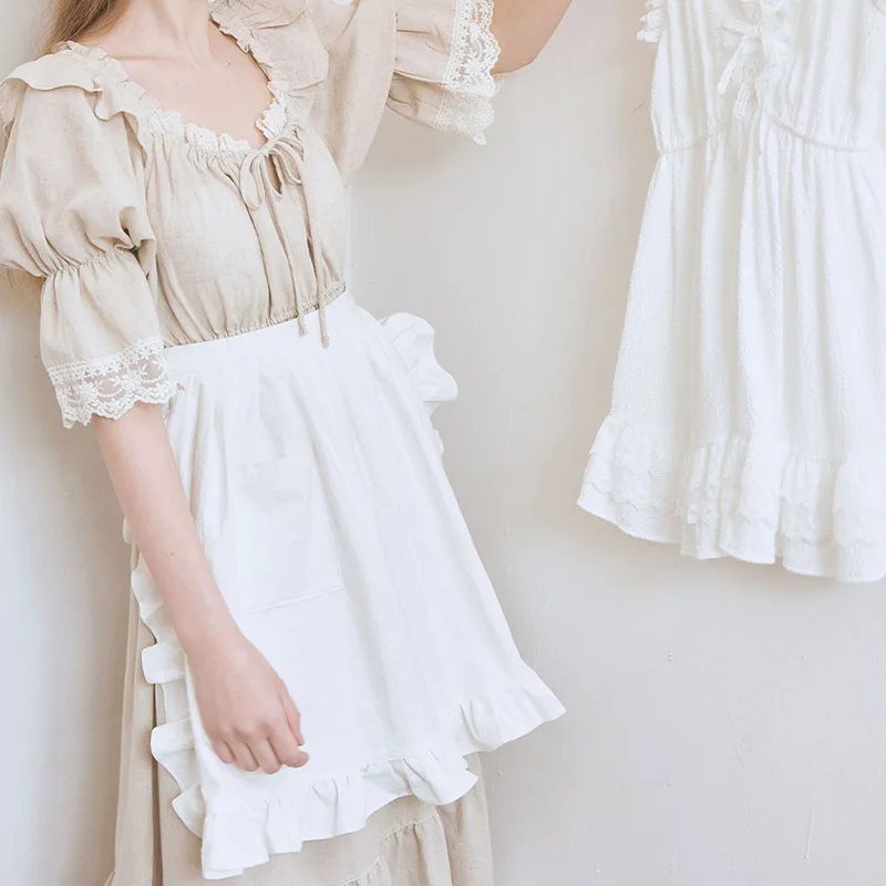 

Half Body Waist Apron Ruffle Edge White Short Apron for Kitchen Cafe Flower Shop Waiter Server Half Waist Skirt