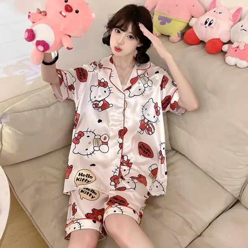 

Летний комплект пижам Hello Kitty для девочек: милая мультяшная футболка и шорты, тонкая версия из ледяного шелка, домашняя одежда в стиле для всей семьи