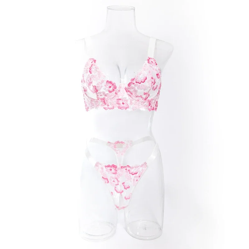 Bikini fashion embroidered floral ultra-thin mesh three-piece bra and thong sexy lingerie set