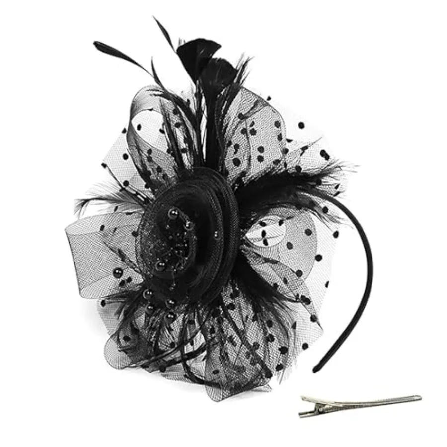 Women's Feather Mesh Flower Fascinator with Headband and Clip Wedding Tea Party Fascinator Hats for Ladies