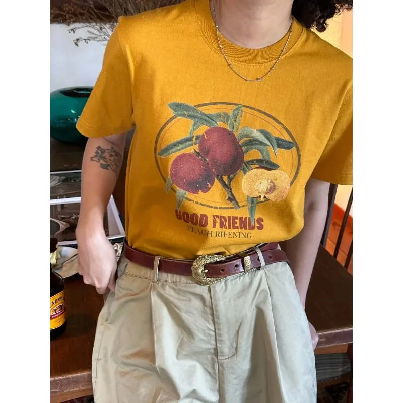 Women's Mustard Yellow T-Shirt Casual Crew Neck Short Sleeve Vintage Peach Print 