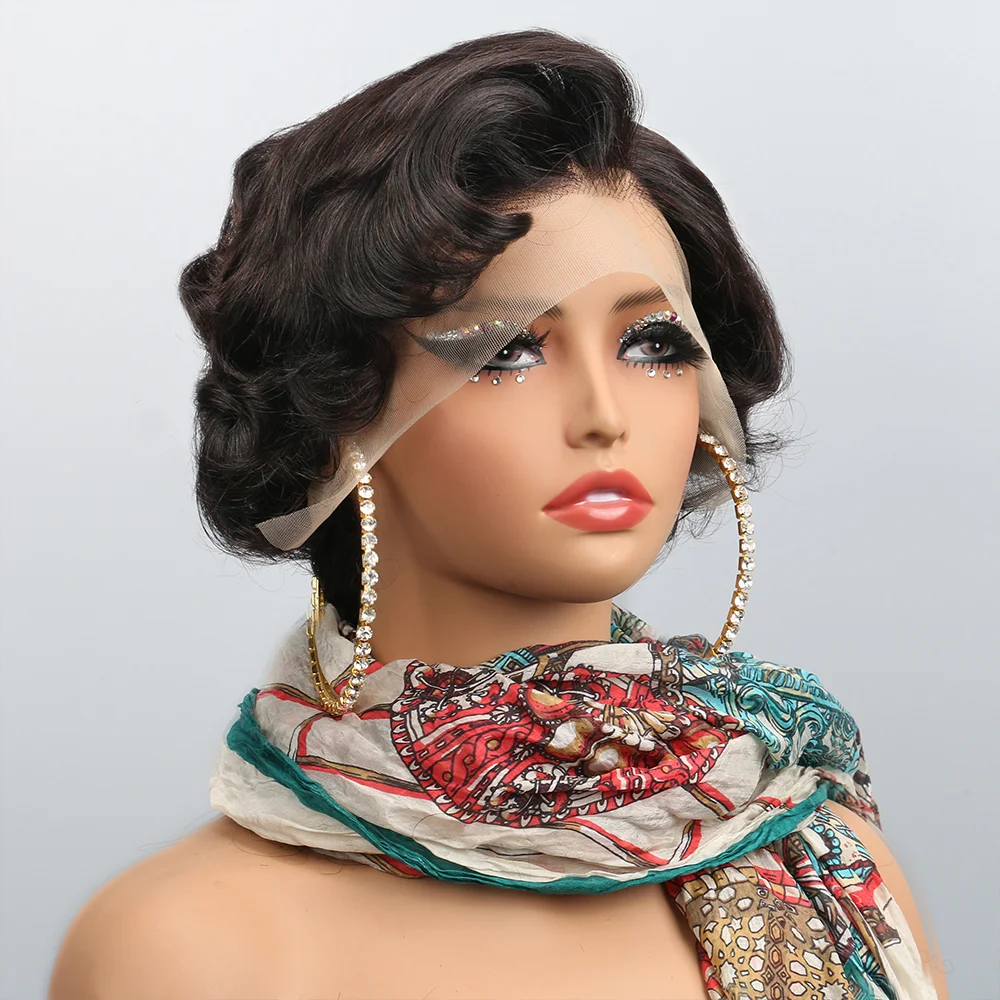 Short Bob Wave Pixie Cut Transparent 13x4 Lace Front Wig Human Hair Brazilian Hair Deep Curly Wavy Wig for Women Natural Color