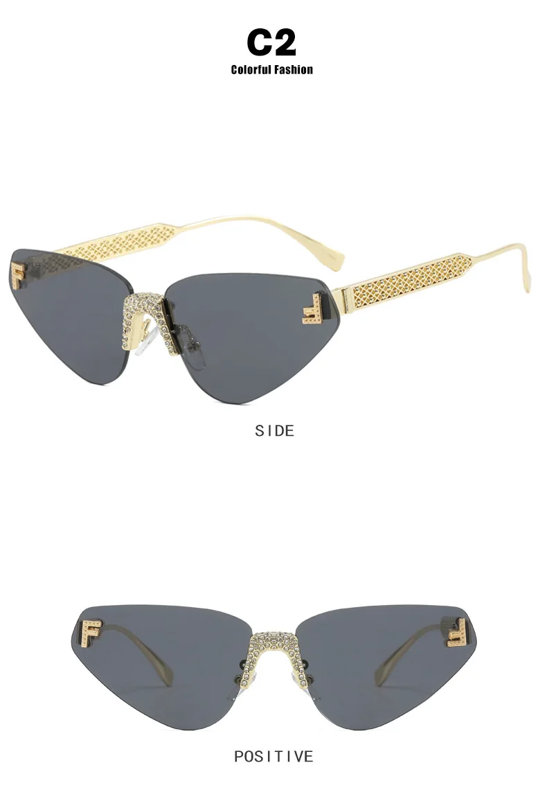 Frauen Sexy Cat Eye Randlose Strass Sonnenbrille Luxus Marke Designer Retro Punk Metall Sonnenbrille männer UV400 Fahren Gläser – Detail 8