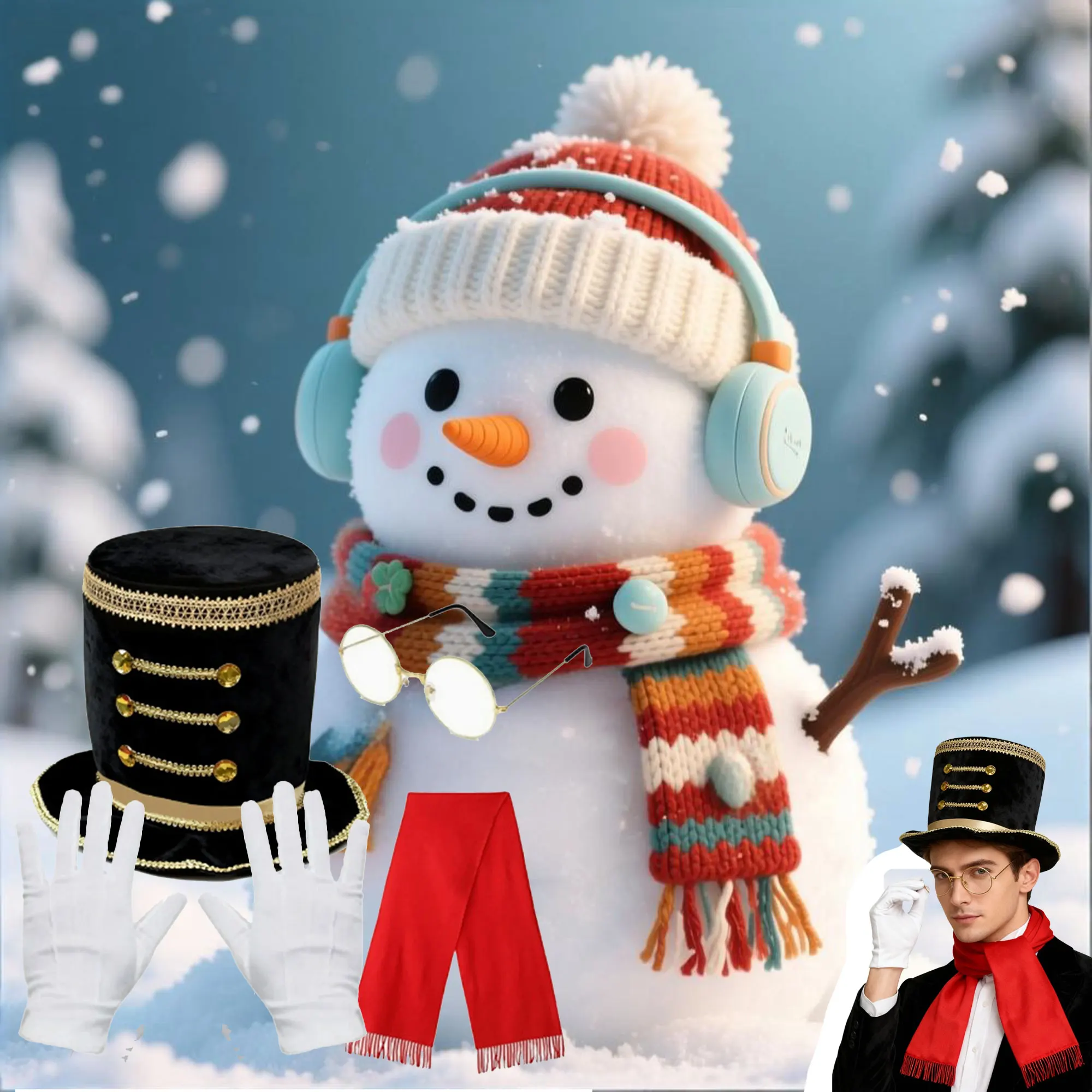 4 pezzi per bambini cappello da mago per adulti elegante berretto da jazz festa cosplay accessori per costumi da circo pupazzi di neve cappello a cilindro sciarpa occhiali e guanti