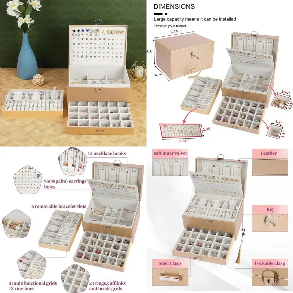 

5-уровневая женская шкатулка для драгоценностей с замком цвета шампанского, органайзер для шпилек, ожерелий, колец