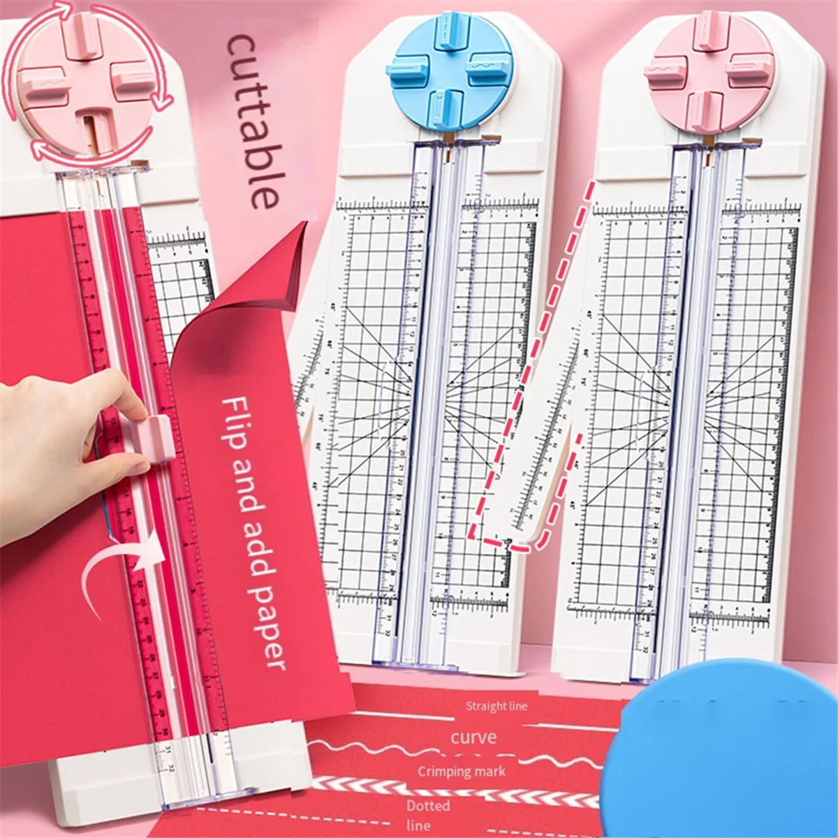 Paper Trimmer Craft Paper Cutter,4-In-1 Paper Trimmer 12in Craft Paper Cutter for Multi-Function Scrapbooking Tool Pink