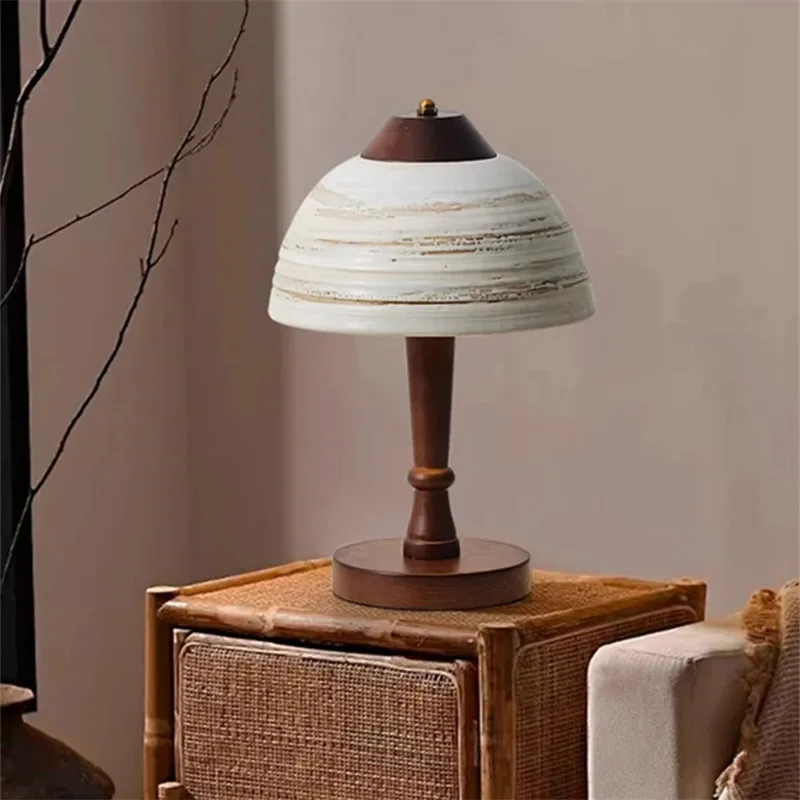 Handmade White Glazed Ceramic table Lamp Living Room walnut wood lamp Zen wabi sabi Bedroom Bedside Hotel study decorative lamp