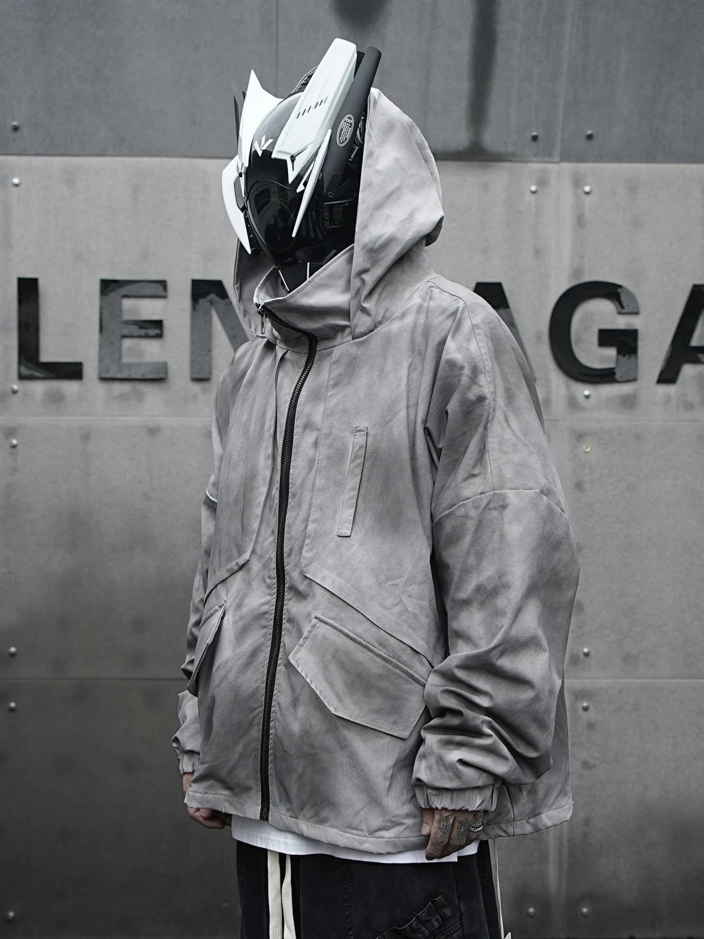 Dirty Dyed Distressed Thin Cotton Stand Collar Hooded Jacket Cotton-Padded Coat Large Size Hip Hop High Street Dark Black