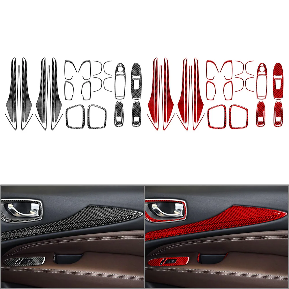 26Pcs Car Full Interior Door Panel Trim Decorate Cover Kit For Infiniti JX35 QX60 2013-2016 Carbon Fiber Pattern Black/Red LHD